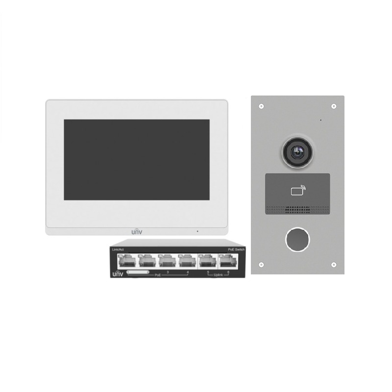 KIT VIDEO PORTEIRO IP UNV (OEU-201S-HMK-W + OEI-372S-H-W-Z + NSW2020-6T-POE-IN)