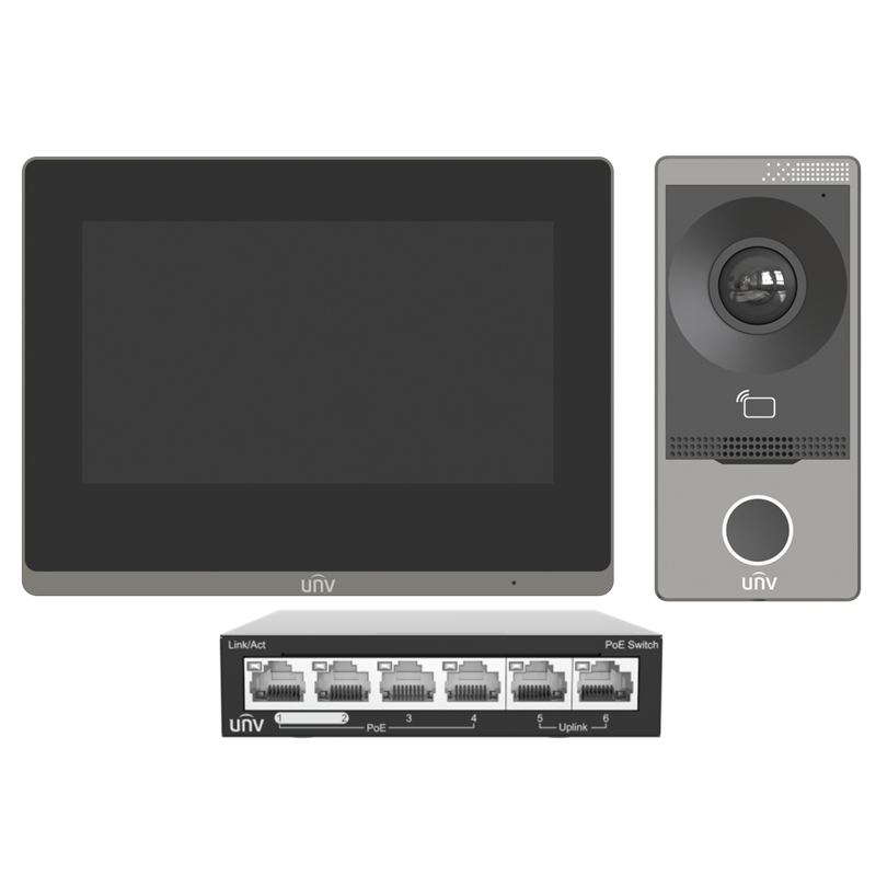 KIT VIDEO PORTEIRO IP UNV (OEU-201S-HMK-W + OEI-372S-H-W + NSW2020-6T-POE-IN)