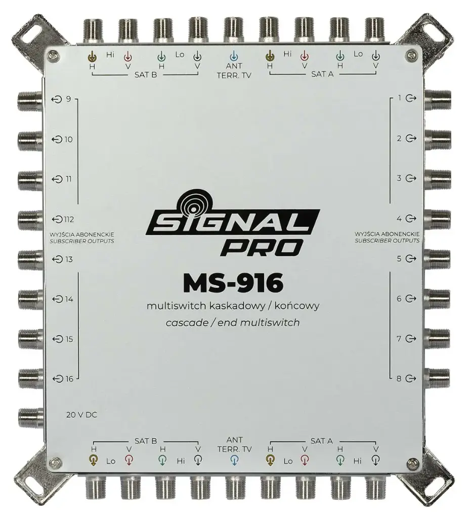 MULTISWITCH EN CASCADA SIGNAL PRO MS-916 CLASE A, 9 ENTRADAS, 16 SALIDAS CON FUENTE DE ALIMENTACIÓN