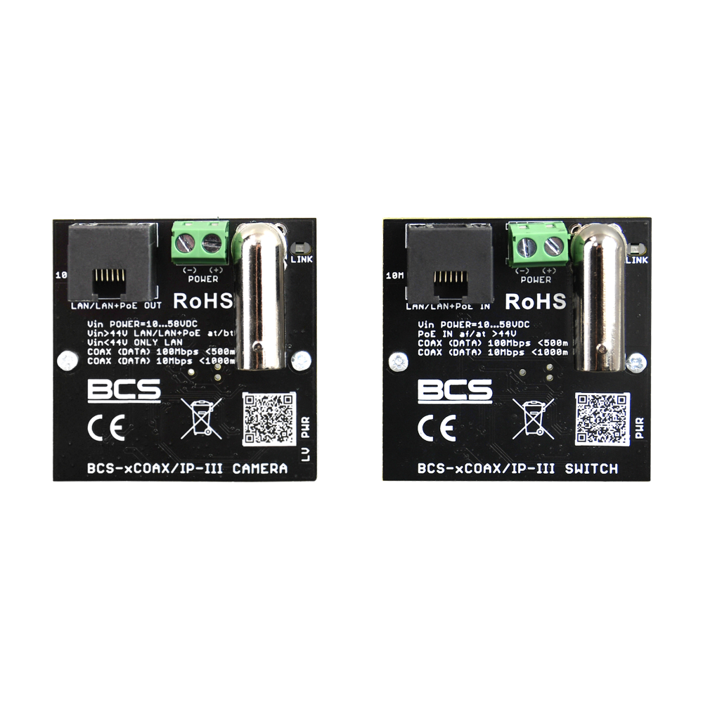 [BCS-XCOAX/IP-III] BALUN IP SOBRE COAXIAL BCS PoE IN/OUT 100Mbps HASTA 500m