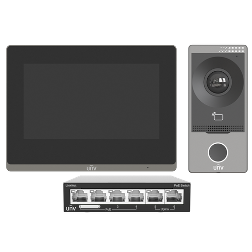 [KIT/201S/372S/NSW2020] KIT VIDEO PORTEIRO IP UNV (OEU-201S-HMK-W + OEI-372S-H-W + NSW2020-6T-POE-IN)
