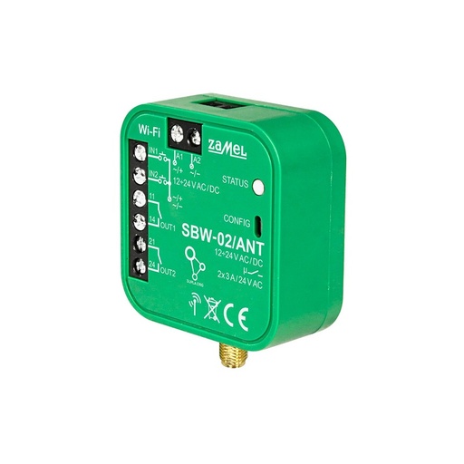 [ZMSBW02ANT] RECETOR Wi-Fi AUTOMATISMO 2 CANAIS SUPLA 12-24Vdc/ac COM ENTRADA ANTENA EXTERNA PARA CAIXA APARELHAGEM